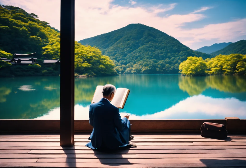10 Actitudes Que Distinguen a las Personas Altamente Exitosas 3 Hombre leyendo un libro en la orilla de un río azul