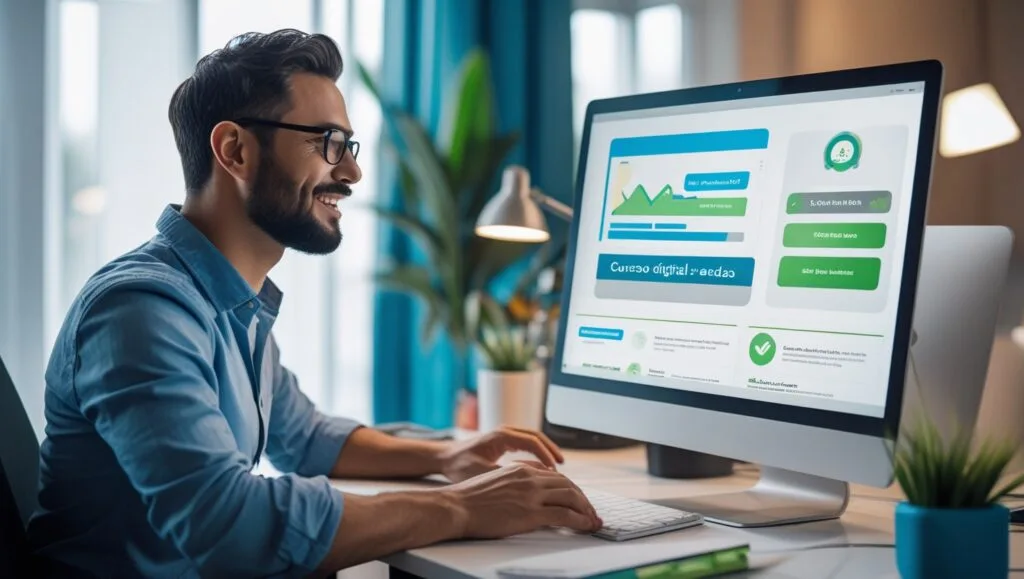 Como Criar e Vender Infoprodutos de Forma Escalável e Lucrativa 3 Um empreendedor digital no computador cria 2