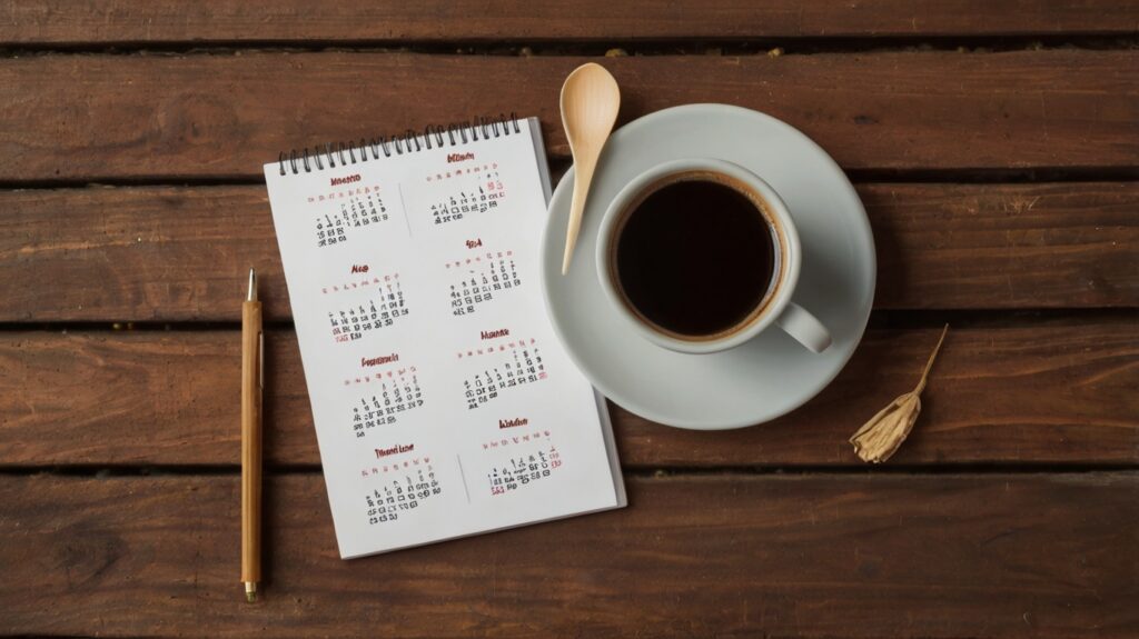 calendário de abril 2025 sobre uma mesa de madeira, com marcações nos dias 18, 21 e 23 destacadas em vermelho. Ao lado, uma xícara de café e um caderno aberto com anotações, representando planejamento e produtividade.