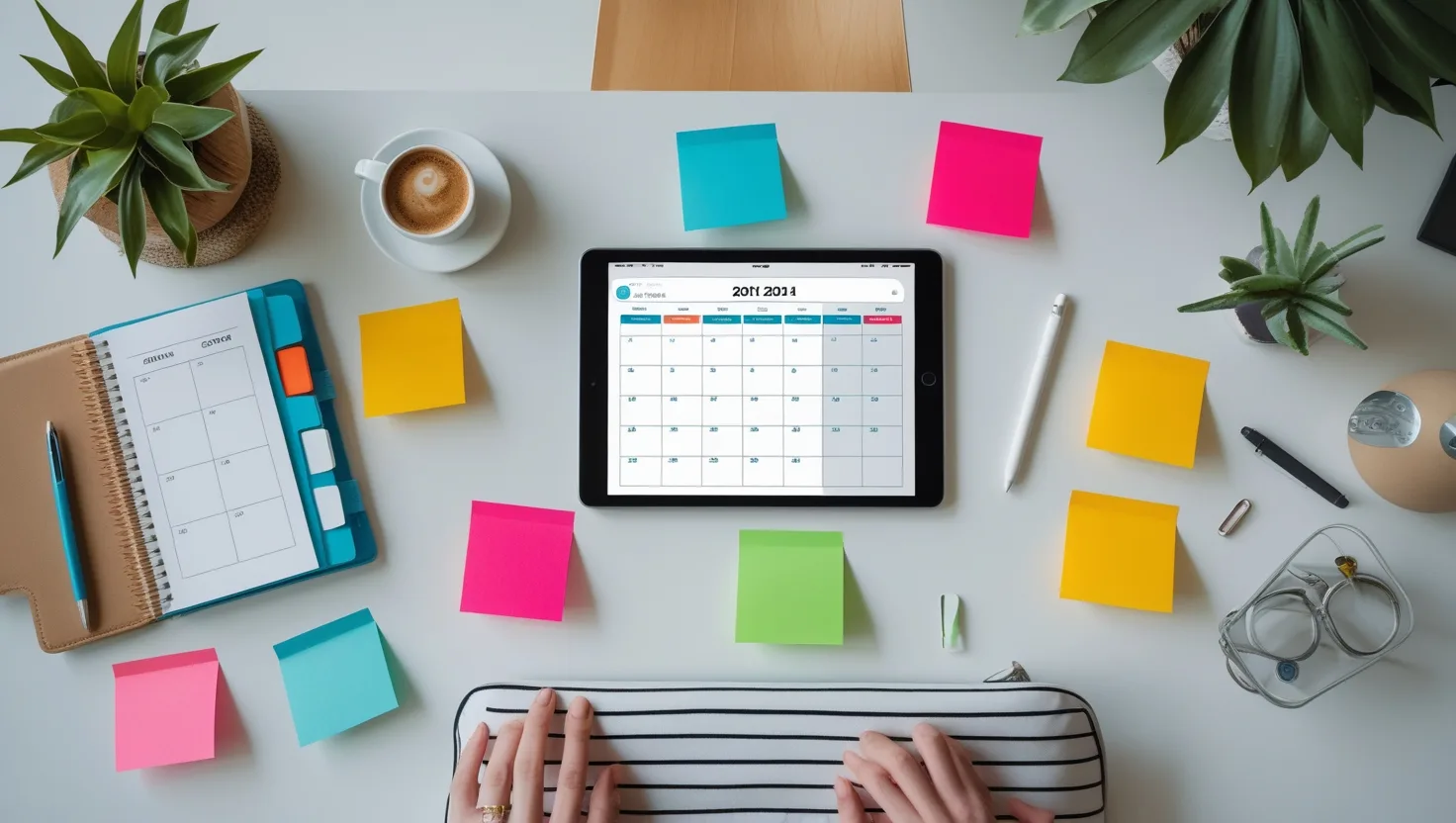 Planner aberto em uma mesa organizada, com um tablet exibindo um calendário digital e post-its coloridos ao redor, representando um sistema eficiente de organização pessoal.