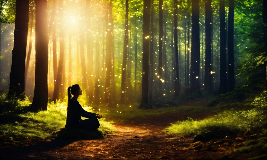 Atención plena en la práctica: cómo reducir el estrés y mejorar la concentración 2 Una mujer meditando en el bosque para reducir el estrés diario.