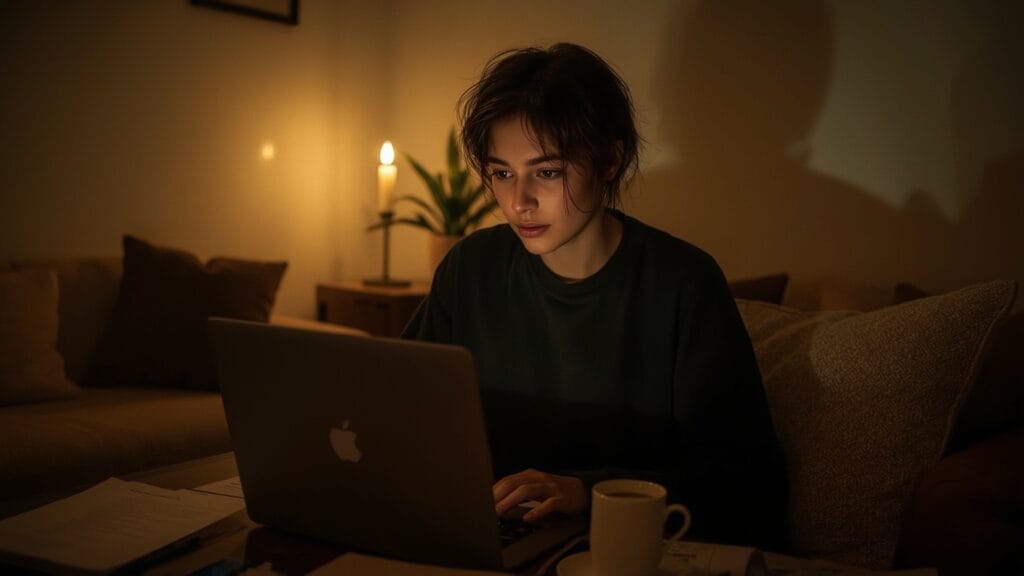 uma mulher em seu laptop escrevendo artigo para um blog