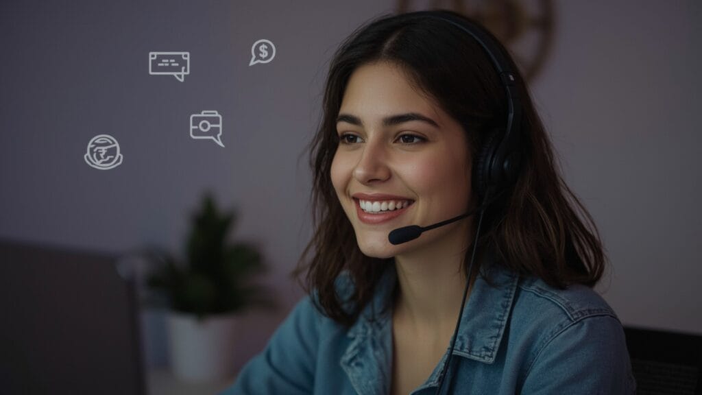 uma jovem com fone de ouvido trabalhando de Suporte ao Cliente Online em sua casa