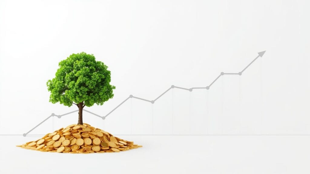 Ilustração simbolizando o conteúdo evergreen: uma árvore verde gera moedas de ouro como frutos, representando a monetização de blog que cresce constantemente.