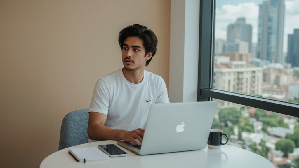 jovem freelancer sentado em uma mesa de traba 0