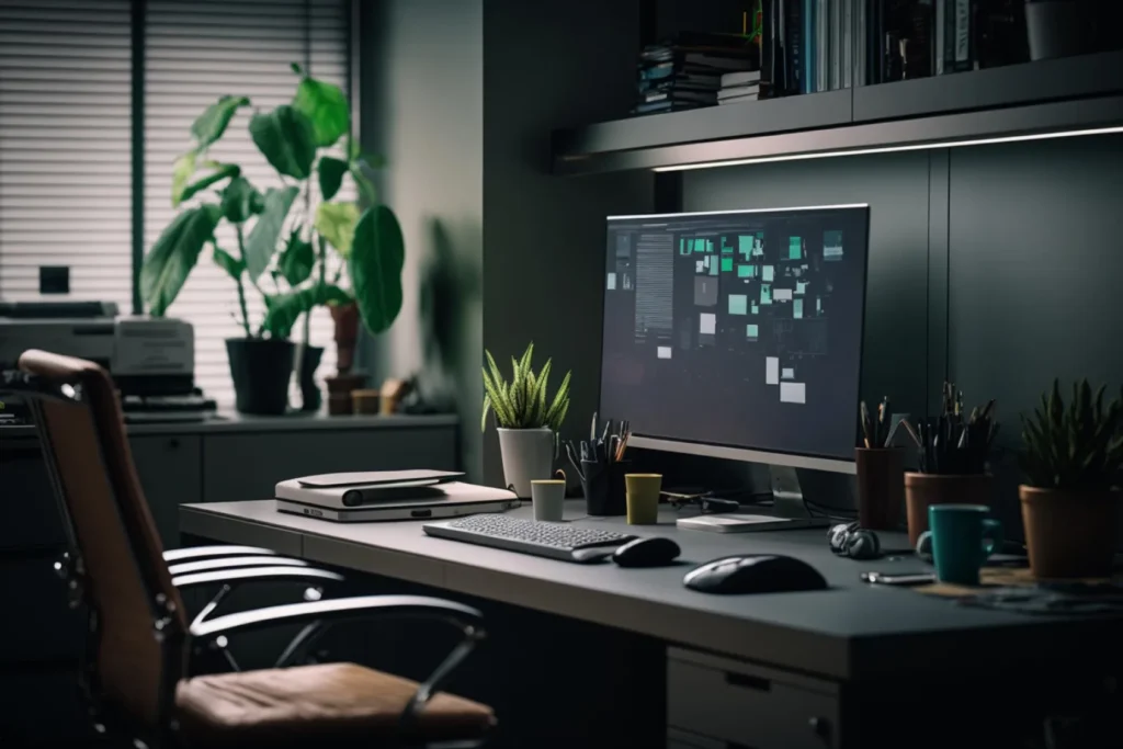 Guia Definitivo para Empreender em Casa em 2026: Modelos, Ferramentas e Estratégias 3 Mesa de trabalho organizada com um laptop exibindo logos de ferramentas como Trello, Canva e Google Meet, essenciais para o home office.