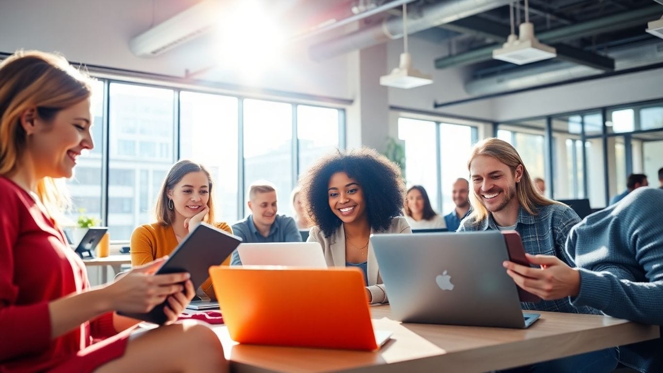 Ganhar em Dólar: 10 Sites que Pagam para Iniciantes 2 Pessoas trabalhando em laptops em um espaço moderno.