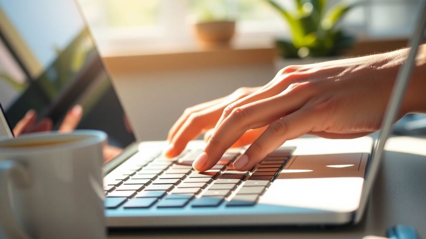 Ganhar em Dólar: 10 Sites que Pagam para Iniciantes 3 Mãos digitando em um teclado de laptop com luz solar.