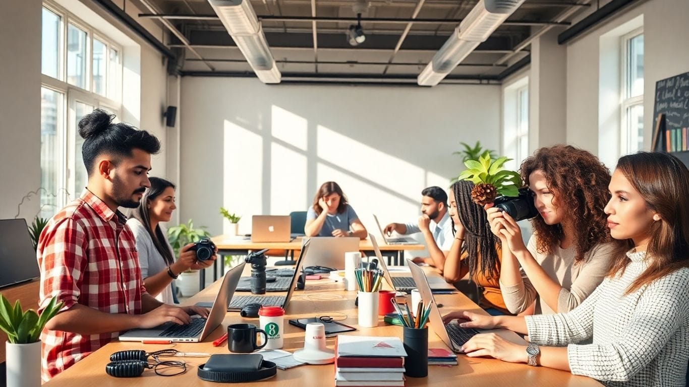 Ganhar em Dólar: 10 Sites que Pagam para Iniciantes 5 Pessoas trabalhando em projetos criativos em espaços modernos e iluminados.