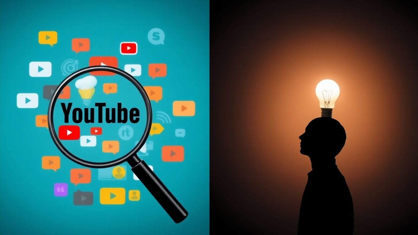 Como Escolher Nichos Lucrativos para YouTube sem Aparecer 4 Ícones de nicho do YouTube e silhueta com lâmpada.