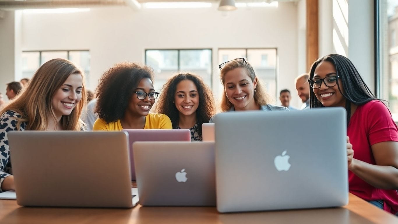 Ganhar em Dólar: 10 Sites que Pagam para Iniciantes 4 Pessoas trabalhando em laptops em um espaço moderno.